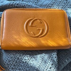 Gucci Tan Leather Zip Wallet with Embossed GG